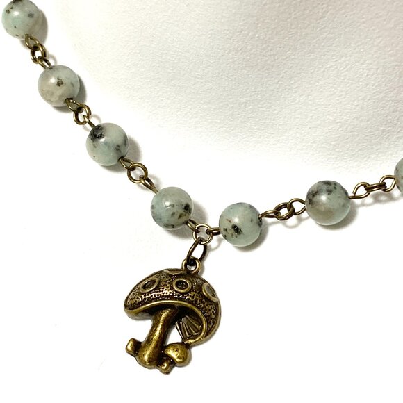 Natural Light Teal Kiwi Jasper Necklace, Bronze Round Mushroom+ Genuine Gemstone - Picture 1 of 13